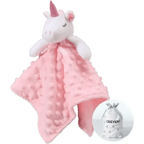 CREVENT Cozy Plush Baby Security Blanket Loveys for Baby Girls, Minky Dot Front + Sherpa Backing with Animal Face (Pink Unicorn)