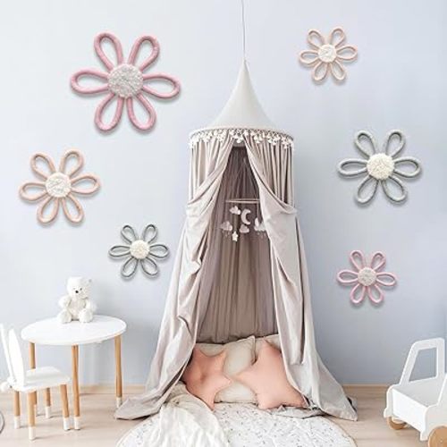 6 Pcs Boho Daisy Nursery Wall Decor Set - Handwoven Macrame Wall Hanging Art with Cotton Rope & Yarn, Floral Bohemian Room Decor for Girls Bedroom, Baby Room, Dorm (Pink and Gray)