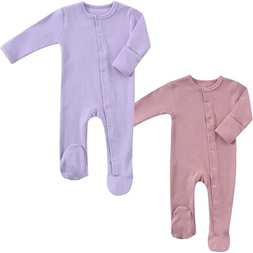 KISBINI Baby Footed Pajamas with Mitten Cuffs Unisex Cotton Snap-up Romper Jumpsuit Sleep and Play 0-12 Months Footies