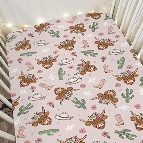 Highland Cows Cactus Baby Crib Sheets for Boy Girl 52x28Inch Pink Western Cowgirl Boots Hats Yak Floral Soft Snug Fitted Crib Mattress Cover Wild West Baby Sheet for Standard Crib & Toddler Mattress