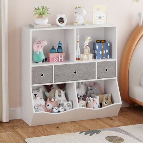 Whizmax Kids Bookshelf and Bookcase Toy Storage Multi Shelf with Cubby Organizer Cabinet and Drawers for Boys Girls,Bedroom, White