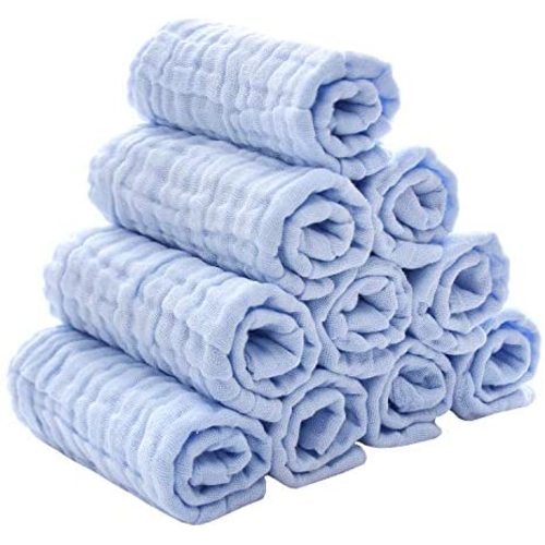 Baby Muslin Washcloths - Natural Muslin Cotton Baby Wipes - Soft Newborn Baby Face Towel for Sensitive Skin- Baby Registry as Shower, 10 Pack 12x12 inches by MUKIN (Blue)