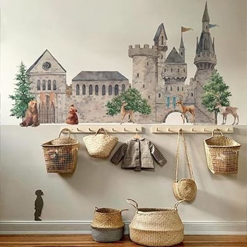 Large Watercolor Wall Decals Peel and Stick, Self Adhesive Vintage Wall Stickers for Kids Bedroom Playroom Nursery Room Wall Decor Decal, Fairy Table Assembled Castle, Forest Animals and Tree