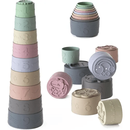 Baby Stacking Cups Toys, Soft Silicone Baby Teething Toys, Baby Boy Girl Shower Gifts for 3 6 9 12 18 Months 1 One Year Old, Infant Newborn Essentials Sensory Montessori Developmental Toys-9 Piece Set