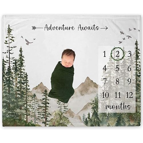 Yuzioey Adventure Awaits Milestone Blanket, Forest Mountain Baby Growth Chart Monthly Blanket, Watch Me Grow Woodland Mountain Tree Baby Nursery for New Moms Baby Shower(50"x40")