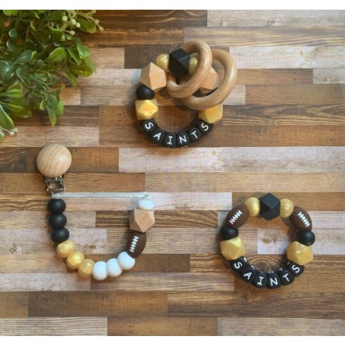 New Orleans Saints Toy Collection - Pacifier Clip - Loop Rattle - Go Saints - Baby Saints Toy Rattle - Gold - Black - Football - Baby Gift
