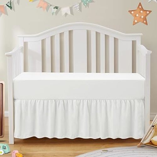 SiinvdaBZX 2-Piece Set Ruffled Crib Skirt & Microfiber Fitted Crib Sheet, Fit for Baby Standard Crib & Nursery Toddler Bedding, Ivory White 52"x28" + Adjustable Elastic 14" Drop