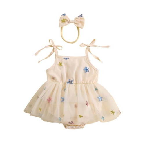 FOCUSNORM Newborn Girl Outfit Tie-up Sleeveless Sequined Stars Romper Dress with Bow Hairband Summer Clothes