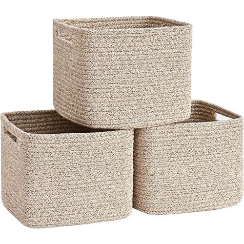 3 Pack Cube Storage Bin, 9”x9”x7” Cotton Rope Woven Baskets for Organizing Toys Clothes Towels, Square Gift Storage Baskets for Shelves, Nursery, Closet, Bathroom, Pantry (Jute)