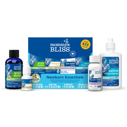 Mommy's Bliss Newborn Set, Organic Colic Medicine, Gripe Water, Vitamin D, Gas Relief, Saline Drops, 4 Count