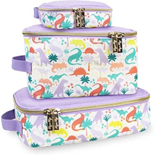 Itzy Ritzy Packing Cubes For Travel – Set of 3 Packing Cubes or Travel Organizers; Each Cube Features a Mesh Top, Double Zippers and a Fabric Handle (Purple Dinosaurs)
