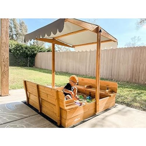 AIVITUVIN Sandbox with Lid, Sand Boxes for Kids Outdoor, 47.2 Inch Sand Pit with 2 Foldable Bench Seats, UV Resistant & Adjustable Height Roof, Gift for Kids Ages 4-8