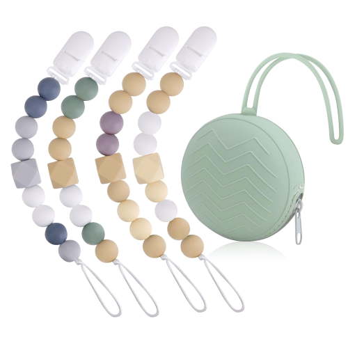 STONCEL 5 Pcs Pacifier Clip Set, 4pcs Neutral Pacifier Clips, Silicone Pacifier Clip Holder for Baby Boys Girls with 1pc Portable Silicone Pacifier Case (Green)