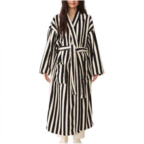YanQiao Women's Robes Long Sleeve Knit Stripe Bathrobe Soft Lightweight Loungewear Cotton Nightgowns L Black