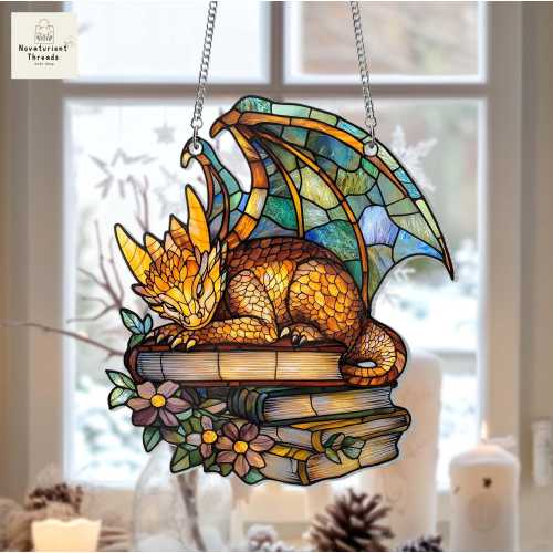 Book Dragon Suncatcher Ornament, Fantasy Dragon Ornament, Dragon Wall Art Decoration, Bookish Home Decor,Dragon Lover,Dragon Window Hanging