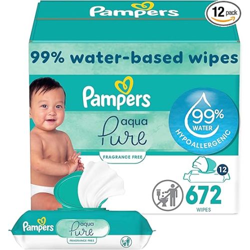 Pampers Aqua Pure Sensitive Baby Wipes, 99% Water, Hypoallergenic, Unscented, 12 Flip-Top Packs (672 Wipes Total)