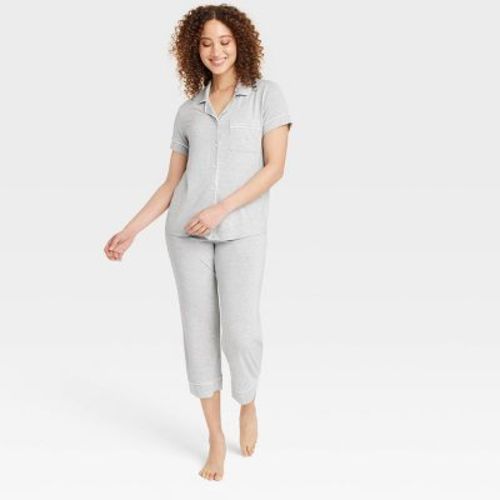 Women's Cloud Knit Short Sleeve Notch Collar Top And Cropped Pants Pajama Set - Auden™ Pink/striped Xs