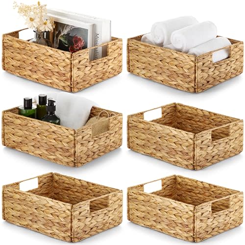 Bluewest Water Hyacinth Storage Baskets, Set of 6, Woven Bins with Handles | Organizer and Laundry Basket with Carrying Handles, Designed as a Rattan Bin for Shelves, Closets and Household Essentials.