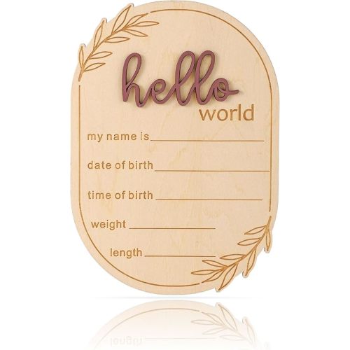 New Baby Announcement Sign, Wooden Hello World Newborn Welcome Sign Name Plaque Personalized Birth Announcement Board for Hospital Photo Props Baby Shower Nursery Decor (Brown)