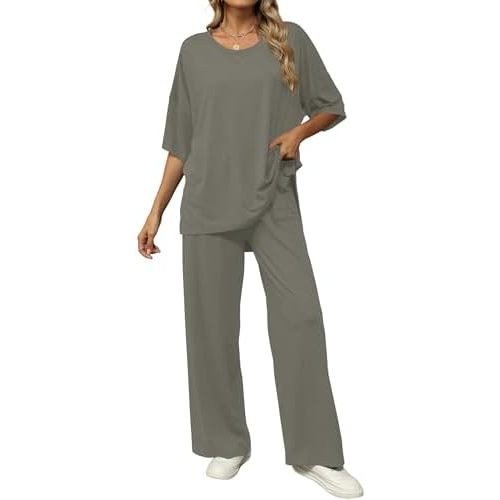 KevaMolly 2 Piece Lounge Set for Women Postpartum Oversized Tops and Wide Leg Pants Soft Comfy Pajamas Set 2 Piece Outfits
