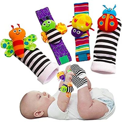 Blige SMTF Cute Animal Soft Baby Socks Toys Wrist Rattles and Foot Finders for Fun Butterflies and Lady bugs Set 4 pcs