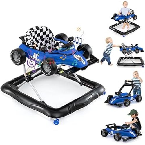 HONEY JOY Baby Walker, 4-in-1 Foldable Infant Activity Push Walker, Toddler Car Walker with Adjustable Heights, Music, Lights, Padded Seat, Baby Walker with Wheels for Boys Girls 6-18 Months (Blue)