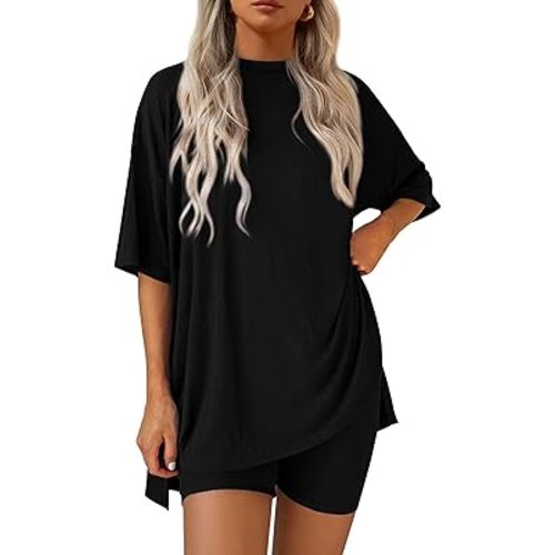 PRETTYGARDEN Women's Two Piece Lounge Set 2025 Summer Casual Oversized Shirts Biker Shorts Matching Airport Travel Outfit