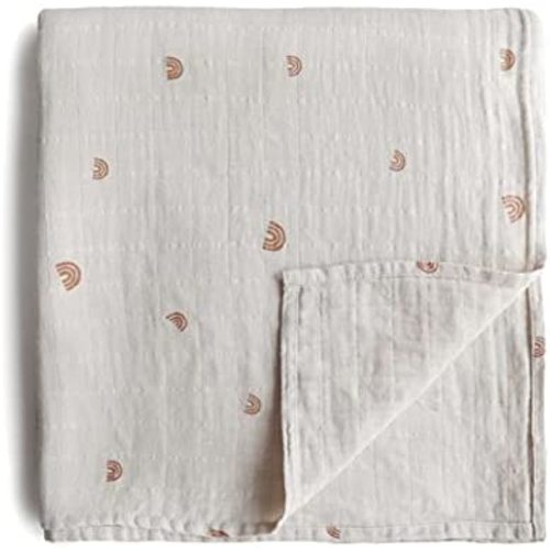 mushie Muslin Baby Swaddle Blanket | 100% Organic Cotton (Rainbows)