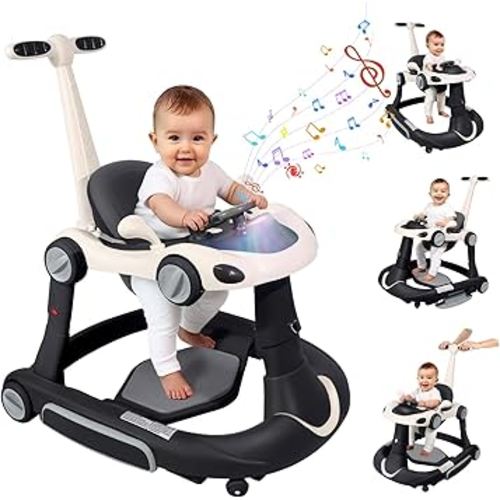 Baby Walker, 4-in-1 Baby Walker with Wheels Portable, Foldable Infant Toddler Walker for Boys Girls 6-18 Month,Removable Footrest,Car Steering Wheel & Music, Adjustable Push Walker Black