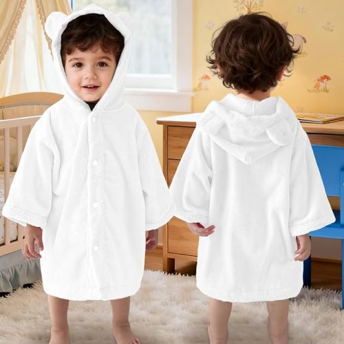 VOOVA & MOVAS White Baby Hooded Towel for Boys and Girls | 100% Cotton Newborn Towel | Ultra Soft Absorbent Infant Hooded Towel | Bear Ear, 0-24 Months for Bath Pool Beach