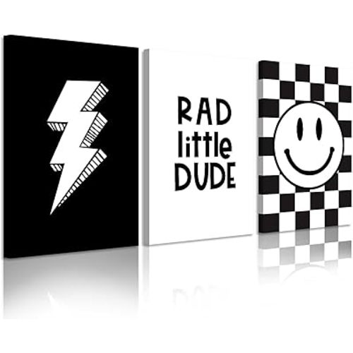 Boys Room Wall Art Decor Toddler Nursery Canvas Wall Art Baby Kids Wall Decor Black Checkered Smiley Poster Pictures Retro Playroom Rad Little Dud Art Prints for Bedroom 16x24x3 Inch Framed