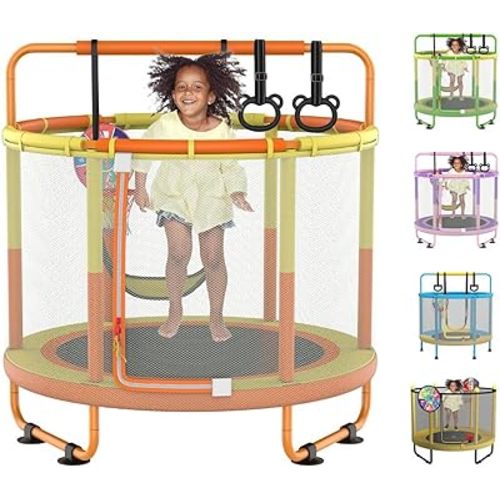 LANGXUN 60" Trampoline for Kids, 5ft Toddler Mini 6-in-1 Trampoline Indoor Outdoor with Swing, Basketball Hoop, Dart Board, Rings, Christmas Toys Birthday Gifts for Girls Boys