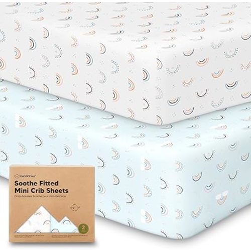 2-Pack Mini Crib Sheets Fitted - Pack N Play Sheets for Pack and Play Mattress, Organic Cotton, Soft & Breathable Jersey Playard Bedding, Neutral Mini Toddler Bed Cover for Boys, Girls (Jolly Rainbow)