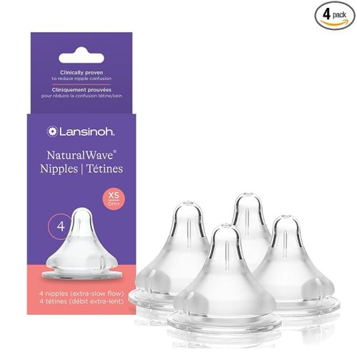 Lansinoh NaturalWave Baby Bottle Nipples, Extra Slow Flow, Size XS, 0+ Months, 4 Count 100% Soft, Durable Silicone, Made Without BPA BPS, Anti-Colic, Supports Baby's Developing Mouth and Teeth