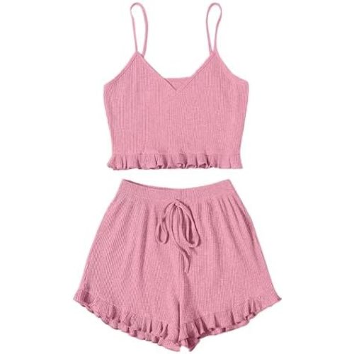 Avanova Women Sexy 2 Piece Pajama Set Ruffle Trim Cami Top and Shorts Sleepwear Set