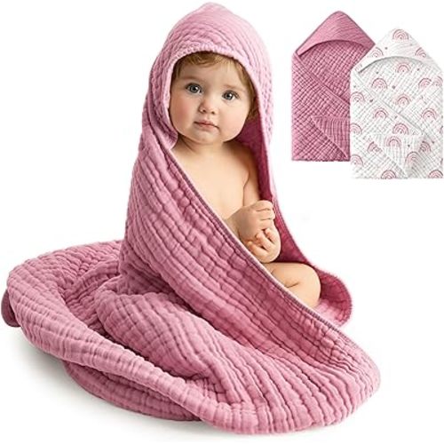 Baby Girl Bath Towels, 100% Muslin Cotton Hooded Baby Towels for Newborn, 2 Pack Baby Towels with Hood for Infant Toddler and Kids, Large 32x32Inch Bath Essentials, Soft and Absorbent