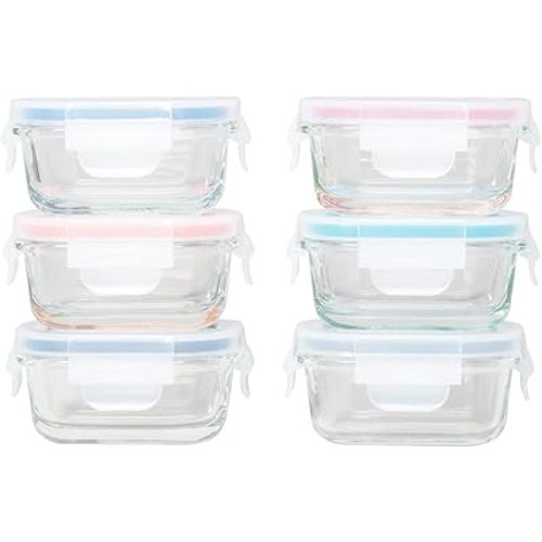 GENICOOK Borosilicate Glass Small Baby-Size Meal and Food Storage Containers, Rectangular Shape - 12 pc Set (6 Containers - 6 Matching Lids)