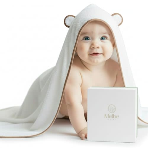 Melbe Baby Premium Hooded Baby Towel - 100% Rayon from Bamboo, Super Soft & Absorbent, 35x35 in, Perfect for Newborn Bath, Gift-Boxed