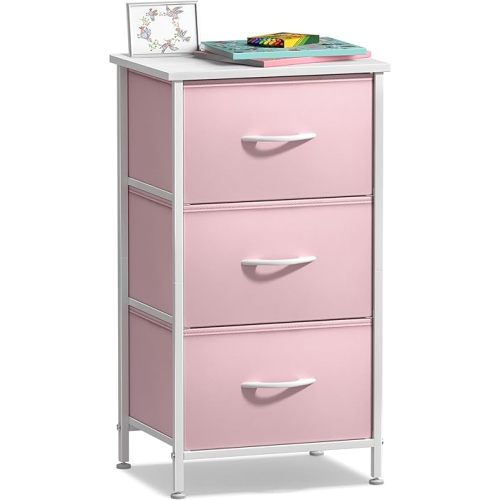 Sorbus Nightstand with 3 Drawers - Bedside Furniture & Accent End Table Chest for Home, Bedroom Accessories, Office, College Dorm, Steel Frame, Wood Top, Pastel Fabric Bins (Pink)
