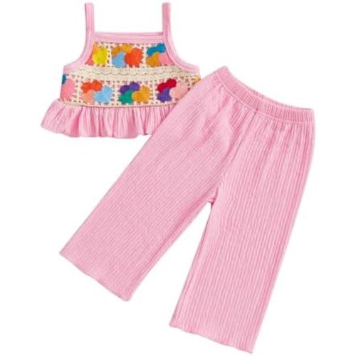Baby Girl Outfits Crocheted Ruffled Camisole And Elastic Pants Set 6 12 18 24 Months 2 3 4 T