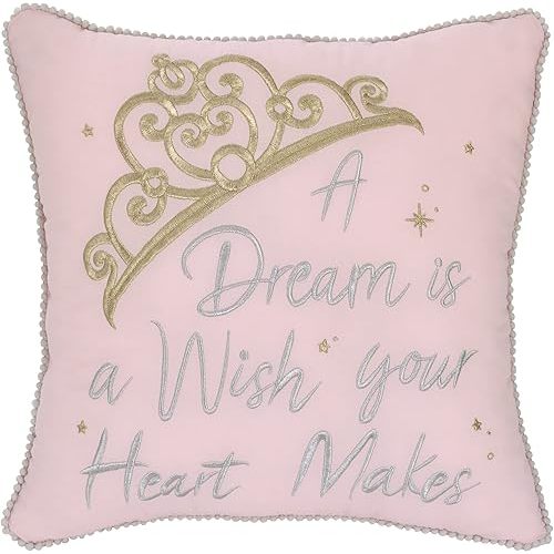 Disney Princess Enchanting Dreams Pink and Gold Embroidered Crown Decorative Throw Pillow with White Pom Pom Trim