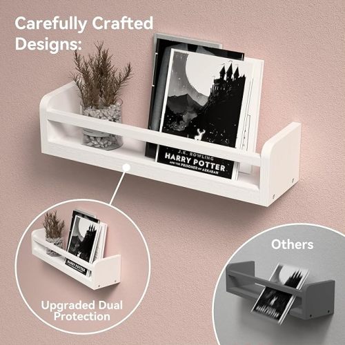 Dual-Guard Nursery Book Shelves Set of 4, Wood Floating Shelves for Nursery Room Wall Decor, Wall Mount Kids Bookshelf for Baby Bedroom Storage, Toddler Toy Hanging Wall Organizer - White - 16.9 in