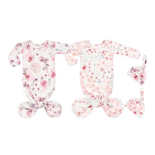 Terriboo Newborn Baby Boy Long Sleeve Sleeper Gown with Mittens Knotted Gown Coming Home Outfit Nightgown Hat Set 2 Pieces
