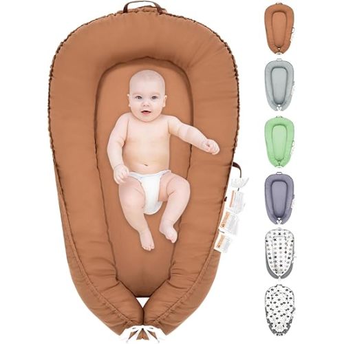 Baby Lounger, 100% Cotton Newborn Lounger for 0-24 Months, Co Sleeping Breathable & Soft Baby Nest, Infant Lounger Baby Floor Seat, Portable Lightweight Lounger Newborn Babies Essentials(Brown)