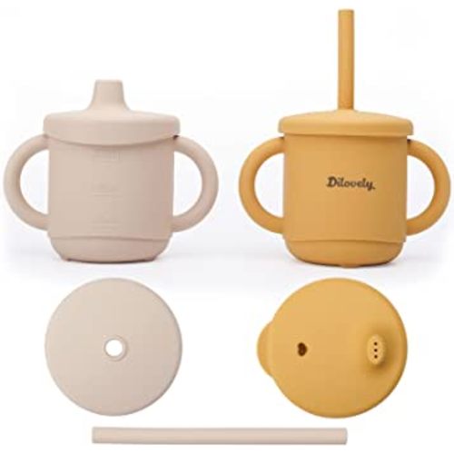Silicone Sippy Cup for Toddler, Transition Straw Cups for baby 12 months +, Unbreakable Kids Cups 3 in 1, 2 Pack Dishwasher & Microwave Safe, BPA Free 7oz Yellow