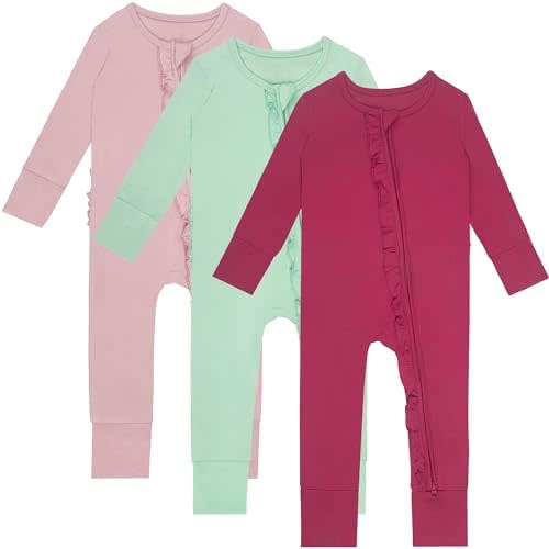 3 PACK Baby Rompers Long Sleeve Two Way Zipper Footless Pajamas With Flower On Waist Bodysuit
