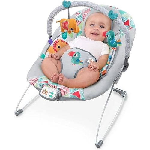 Bright Starts Baby Bouncer Soothing Vibrations Infant Seat - Taggies, Music, Removable -Toy Bar, 0-6 Months Up to 20 lbs (Toucan Tango)