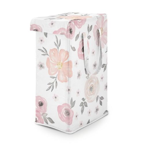 Sweet Jojo Designs Girl Foldable Laundry Hamper with Handles Watercolor Floral Pink and Grey
