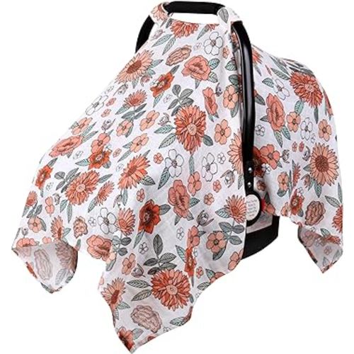 Rquite Car Seat Cover Baby, Carseat Covers Baby for Girl Boy, Muslin Cotton Infant Car Seat Cover, Lightweight Car Seat Canopy, Breathable Baby Carrier Cover, Summer Stroller Sun Shade, Flower