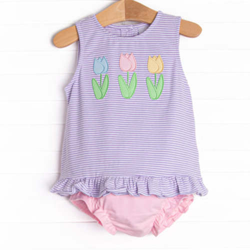 Stitchy Fish- Spring Blooms Applique Diaper Set, Purple Stripe